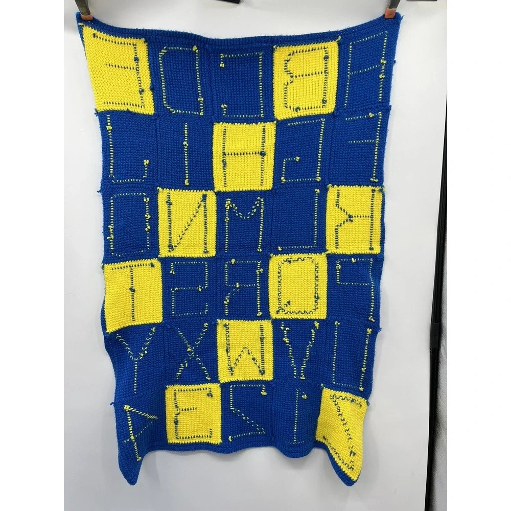 Vintage Hand Knit Crochet Baby Crib Blanket Block Alphabet 44 x 30